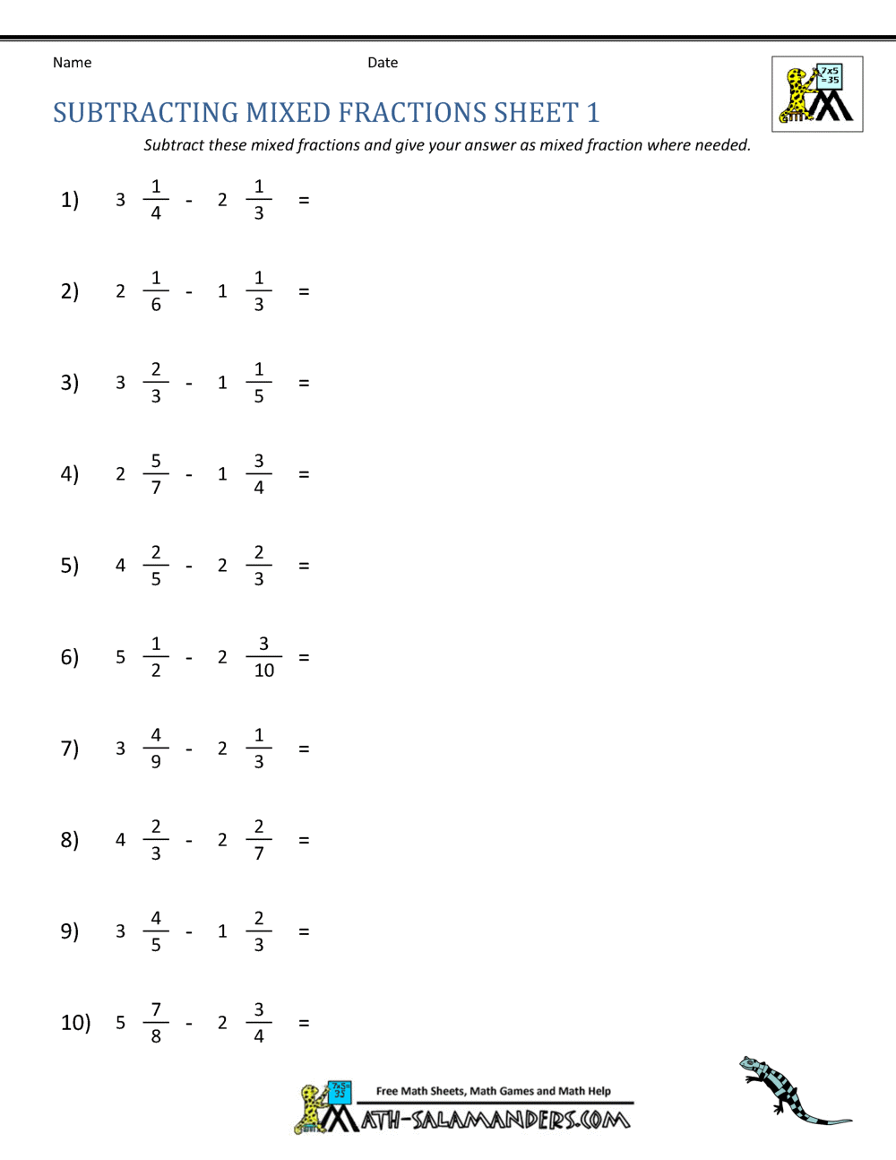 subtracting fractions different denominators worksheet