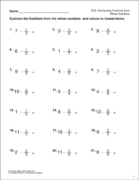subtracting fractions from whole numbers worksheet