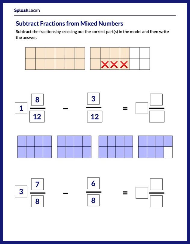 Subtract Fractions from Mixed Numbers - Math Worksheets - SplashLearn