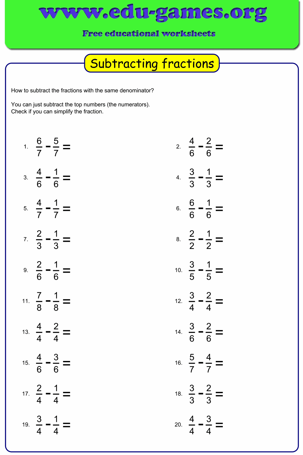 The Subtract Fraction Worksheet generator.