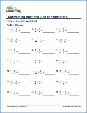 Subtracting like fractions | Worsheets library