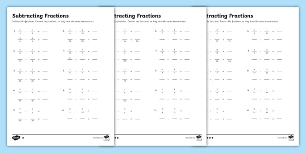 subtracting fractions sheet