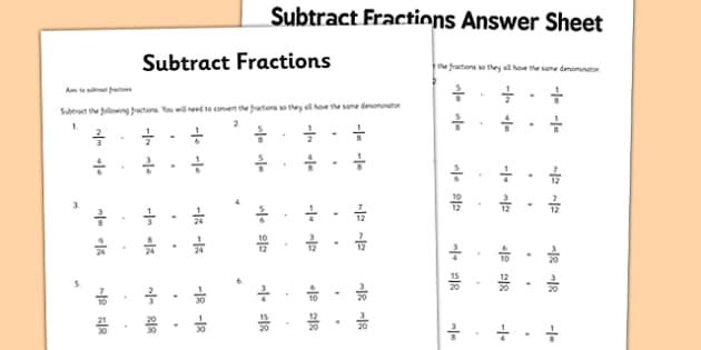 Year 6 Fractions Worksheet - Subtraction - Primary Resource