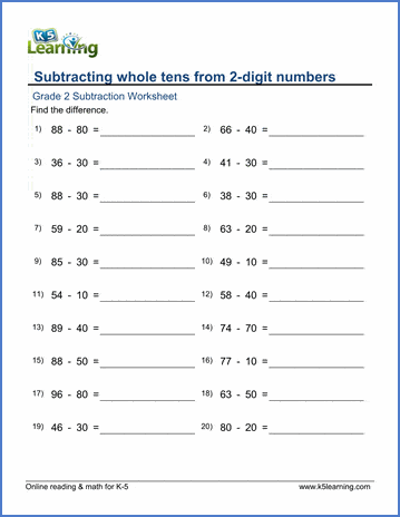 Grade 2 Math Worksheet: subtracting whole tens from 2-digit ...