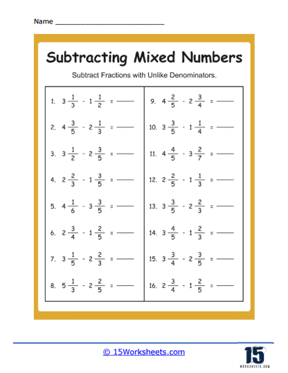 subtracting fractions with borrowing worksheet