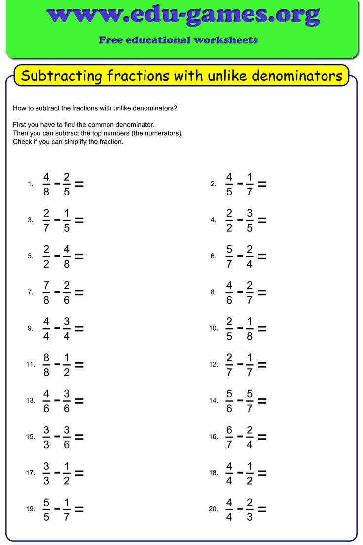 Subtracting fractions worksheet maker for like and unlike ...