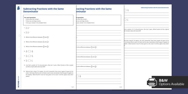subtracting fractions with common denominators worksheet