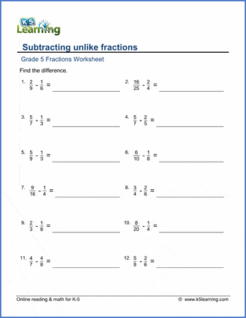 Subtracting unlike fractions (harder) | Worsheets library