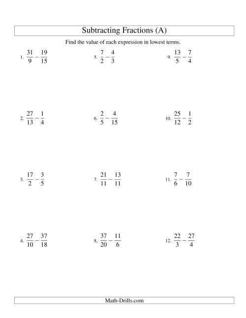 subtracting fractions with unlike denominators worksheet