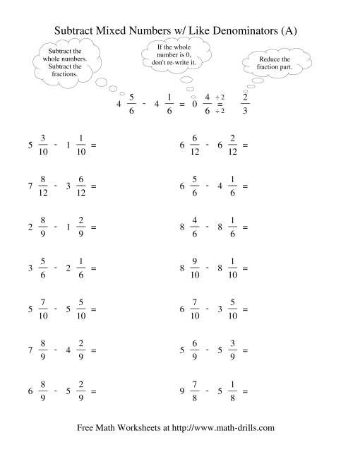 subtracting fractions with whole numbers