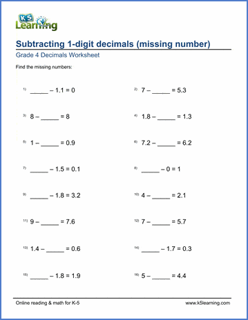 Grade 4 Math Worksheet: Subtract 1-digit decimals (missing numbers ...