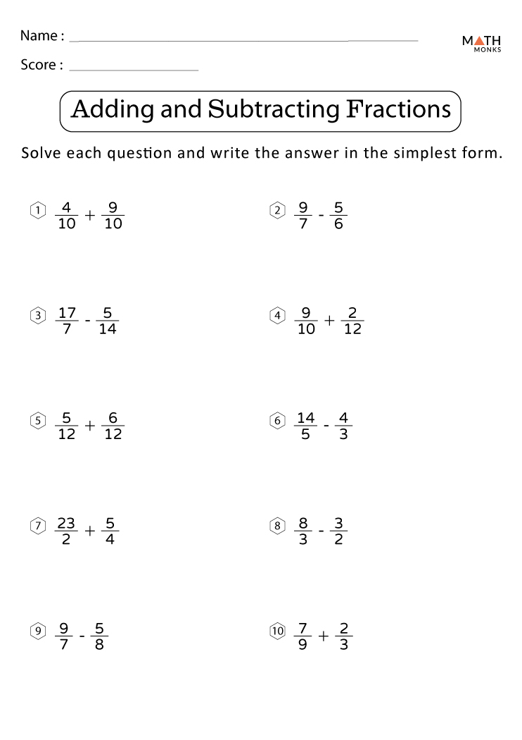 Adding and Subtracting Fractions Worksheets with Answer Key