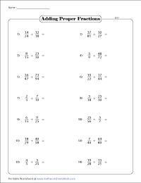 Adding Unlike Fractions (Different Denominators) Worksheets