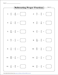 Subtracting Unlike Fractions Worksheets