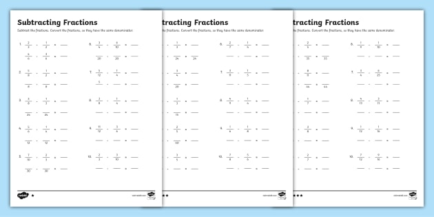 subtracting fractions worksheet printable