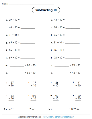 Subtract 10 and Multiples of 10 - Worksheets