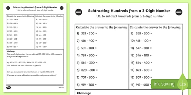 Subtracting Hundreds from 3 Digit Number Worksheet Year 3 - Maths