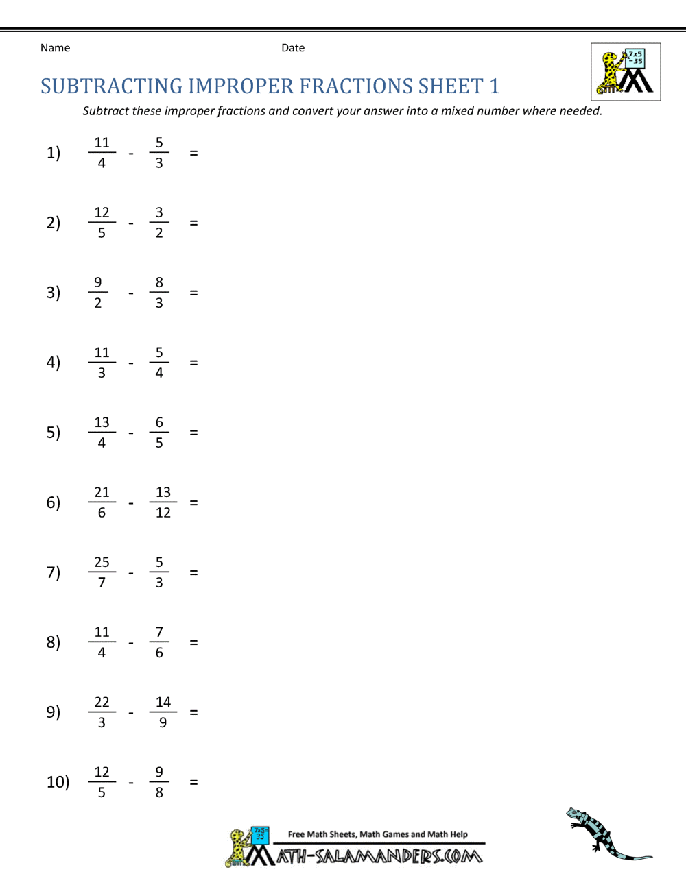subtracting improper fractions worksheet