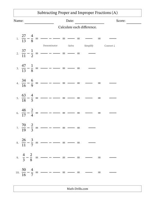 Subtracting Proper and Improper Fractions with Unlike Denominators ...