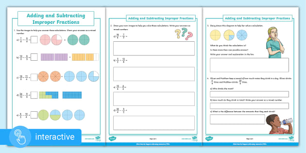 ? Improper Fractions Addition and Subtraction Worksheets