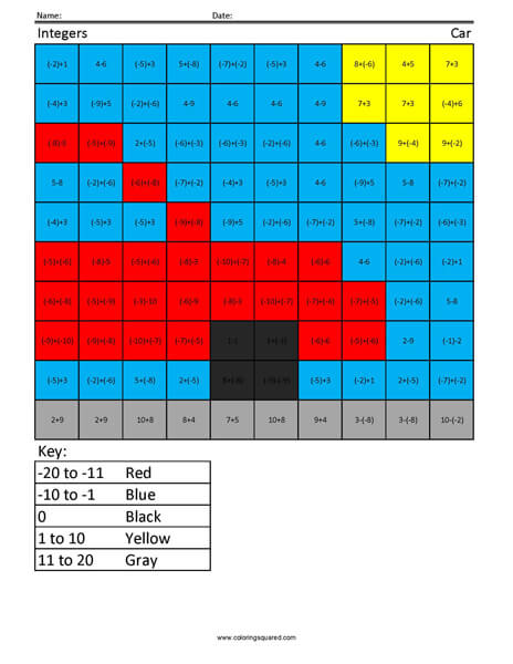subtracting integers color worksheet
