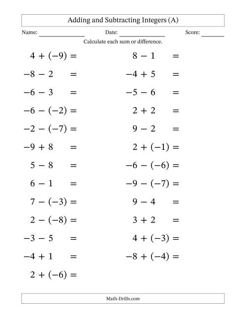 Adding and Subtracting Mixed Integers from -9 to 9 (25 Questions ...