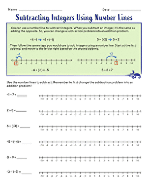 Subtracting Integers Using Number Lines | Worksheet | Education.com