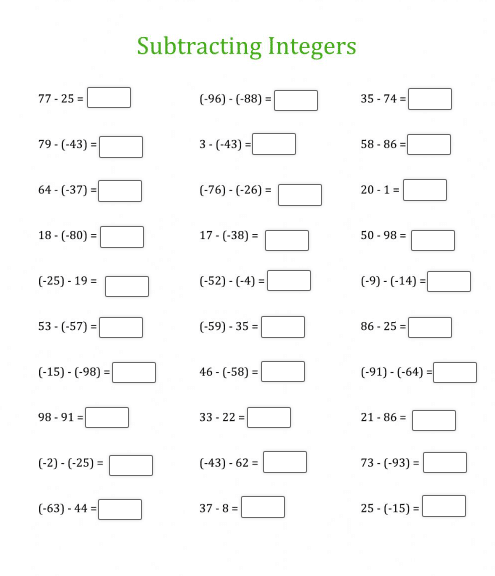 subtracting integers worksheet with answers