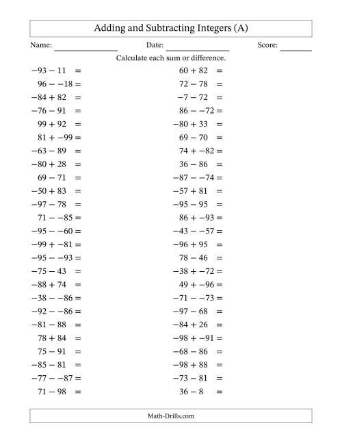 Adding and Subtracting Mixed Integers from -25 to 25 (75 Questions ...