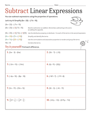 Subtract Linear Expressions Worksheet Education com Worksheets