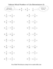 subtracting mixed fractions worksheet