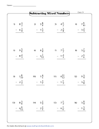 Subtracting Mixed Numbers Worksheets