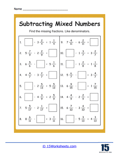 subtracting mixed numbers with renaming