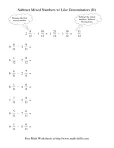 subtracting mixed numbers worksheet