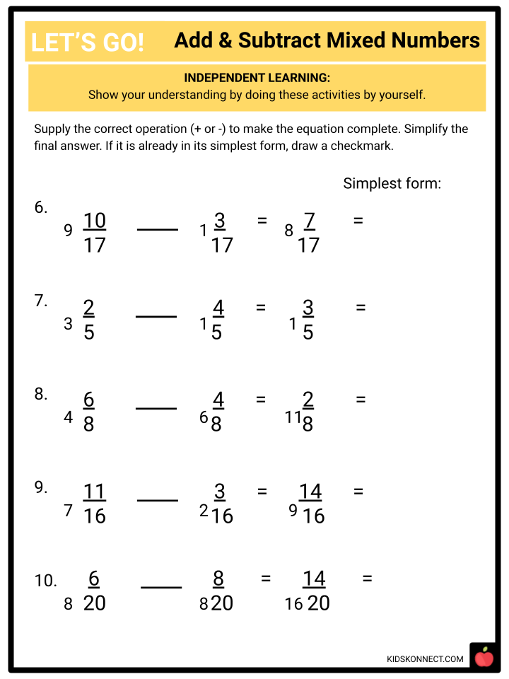 subtracting mixed numbers worksheet