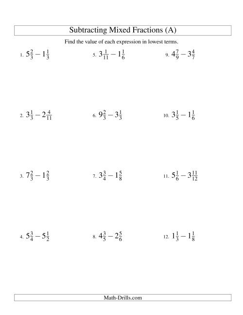 subtracting mixed numbers worksheet