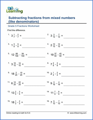 subtracting mixed numbers worksheet