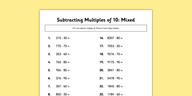 subtracting multiples of 10 worksheet