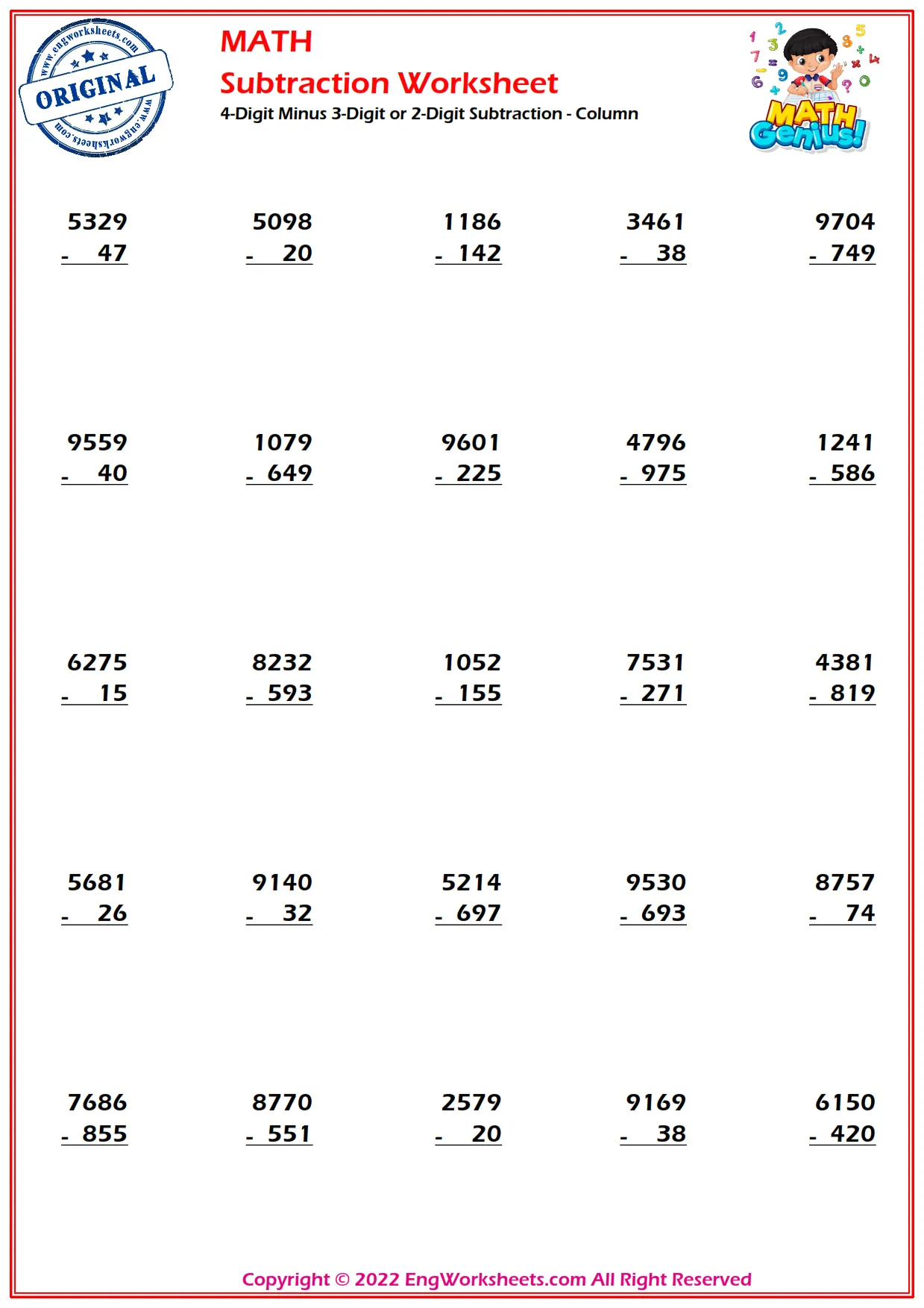 Subtracting Large Numbers Worksheets and Exercise - Engworksheets ...