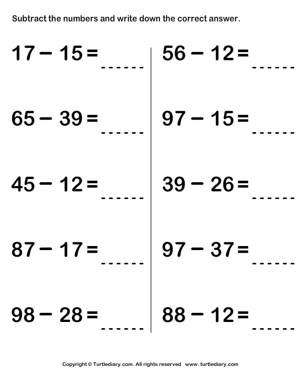Subtracting Numbers Within Hundred | Turtle Diary Worksheet