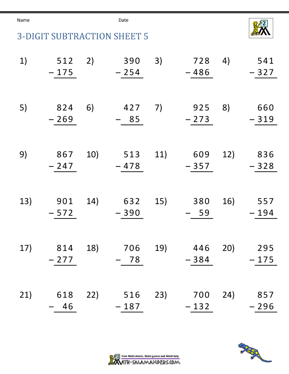 3 Digit Subtraction Worksheets