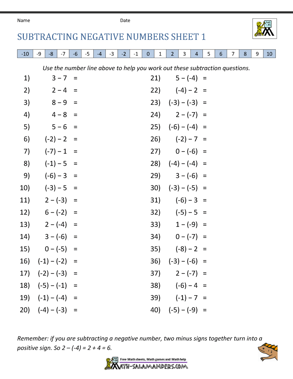 subtracting positive and negative numbers worksheet