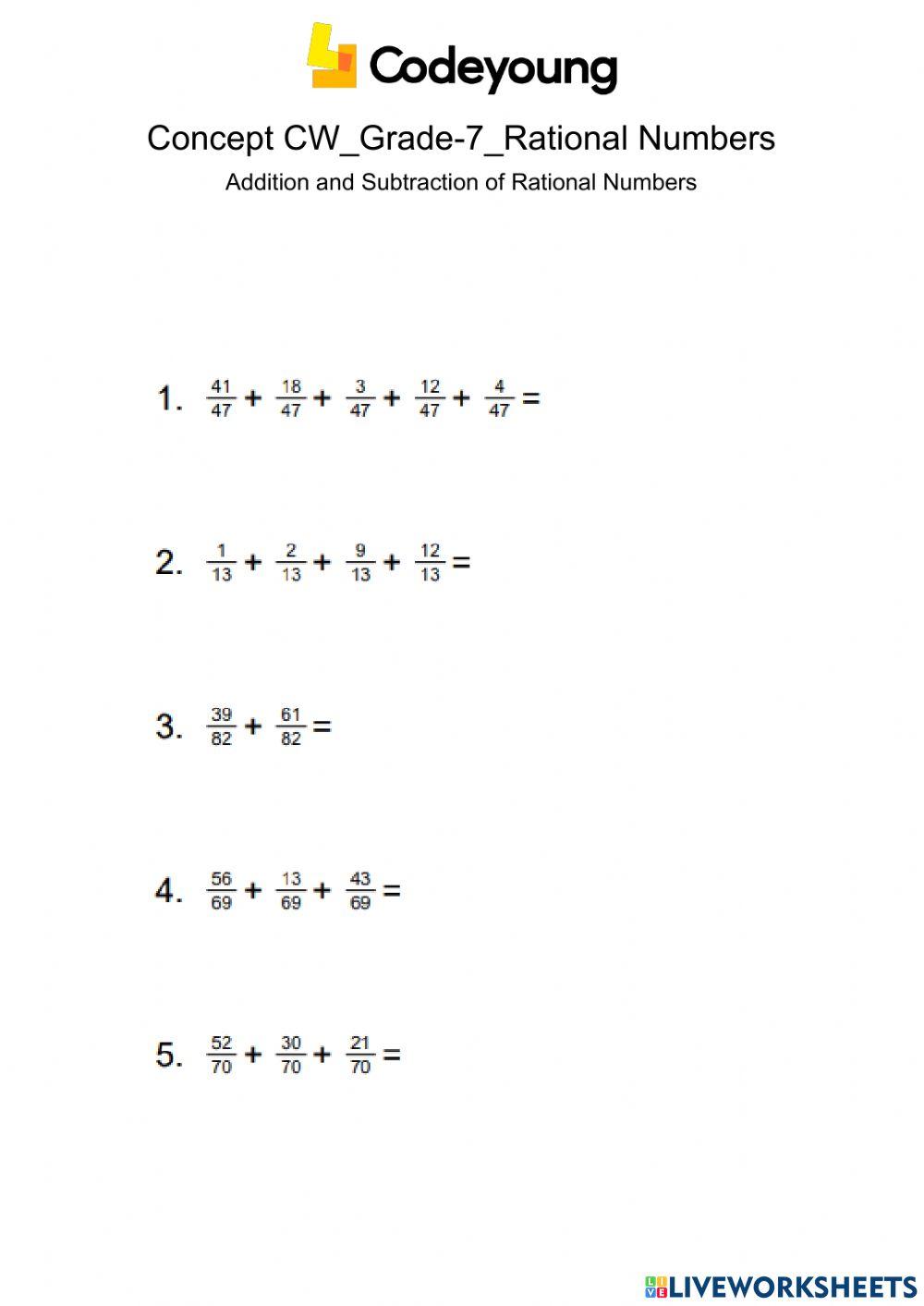 Addition and Subtraction of Rational Numbers Concept CW worksheet ...