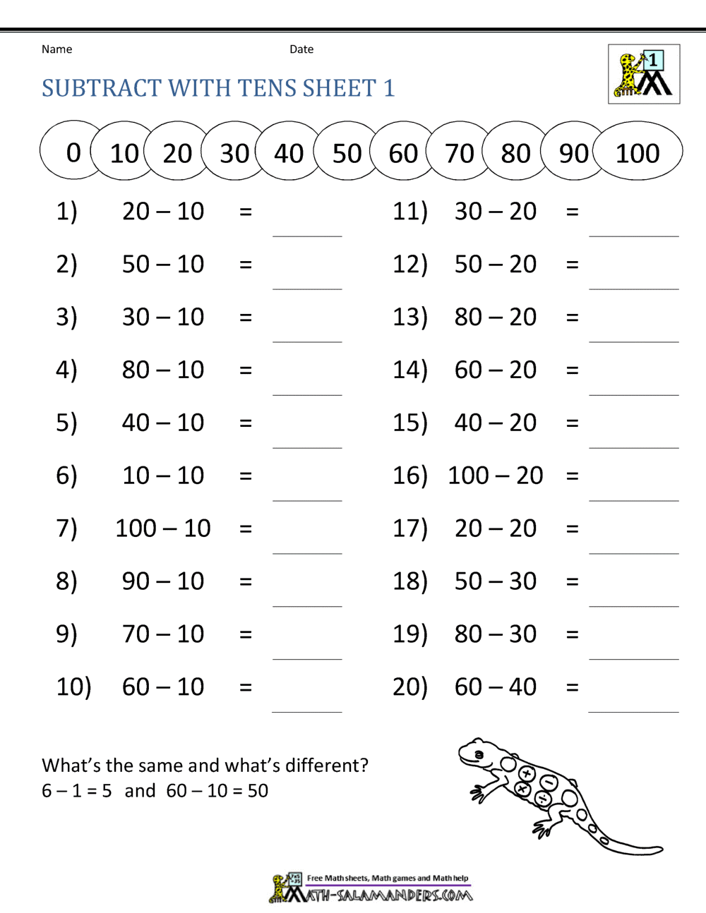 subtracting tens worksheet
