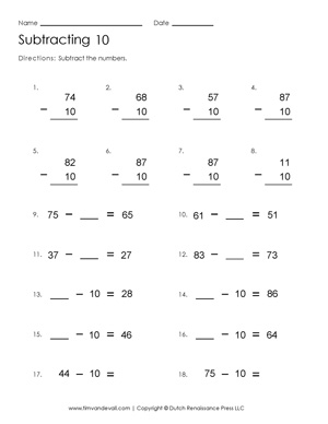 subtracting tens worksheet