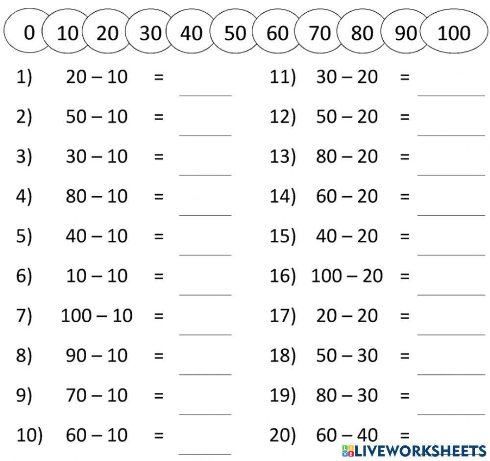 subtracting tens worksheet