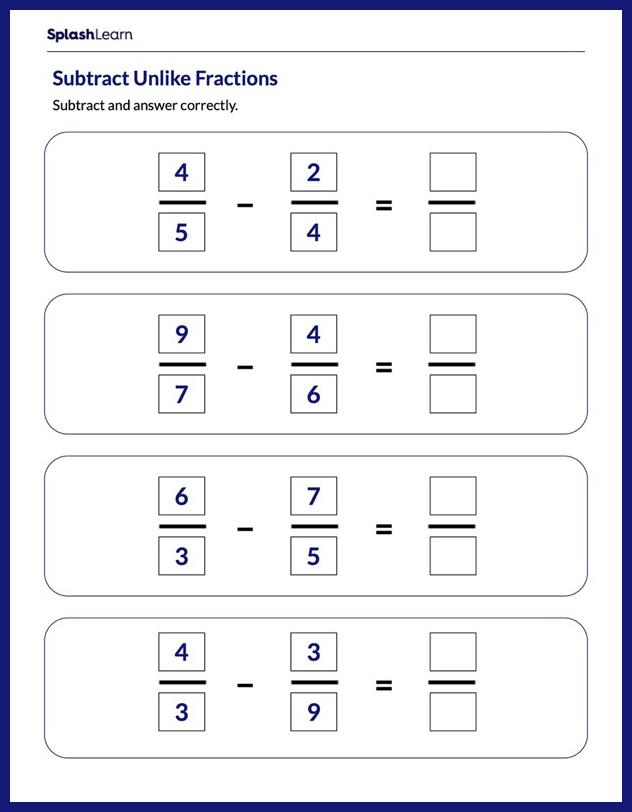 subtracting unlike fractions worksheet