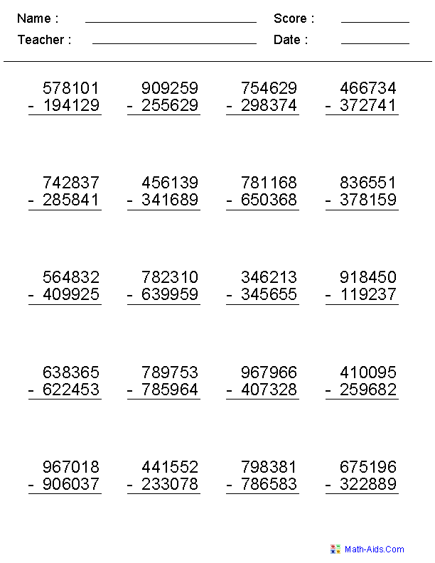 Subtraction Worksheets | Dynamically Created Subtraction Worksheets