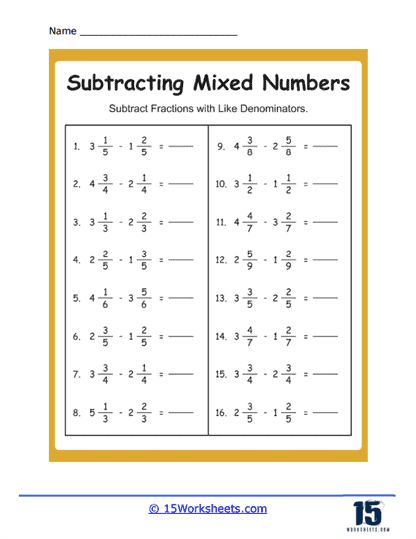 Subtracting Mixed Numbers Worksheets - 15 Worksheets Library