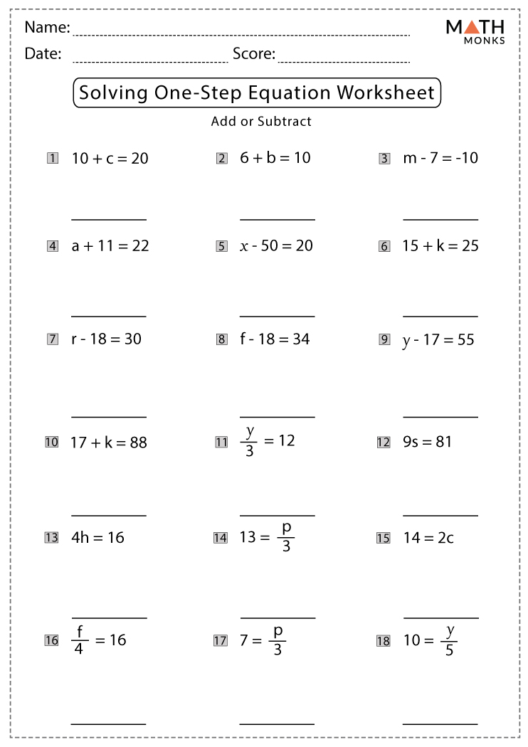 One-Step Equations Addition and Subtraction Worksheets - Math Monks
